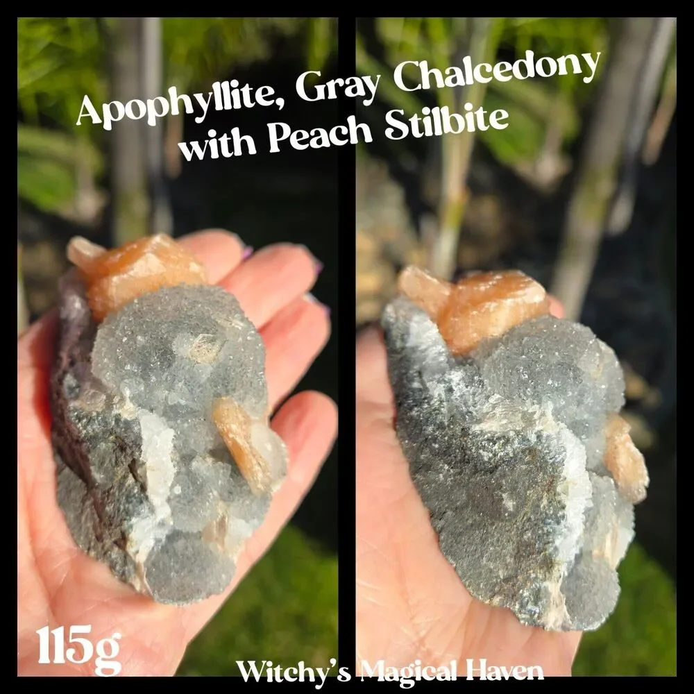 Apophyllite Gray Chalcedony Peach Stilbite Zeolite Crystal, 115g